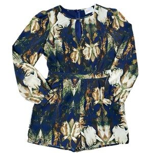 MOON Blue Brown Cream Floral Long Sleeve Romper Jumpsuit Size Small